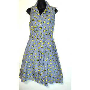 Chloe & Rene Blue Pinstripe Sleeveless Shirt Dress XL Lemon Print Cotton Belted